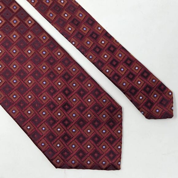 VILLA BOLGHERI SILK TIE RED BROWN GEOMETRIC LUXURY TEXTURED SATIN 4" X 59" - Picture 1 of 3